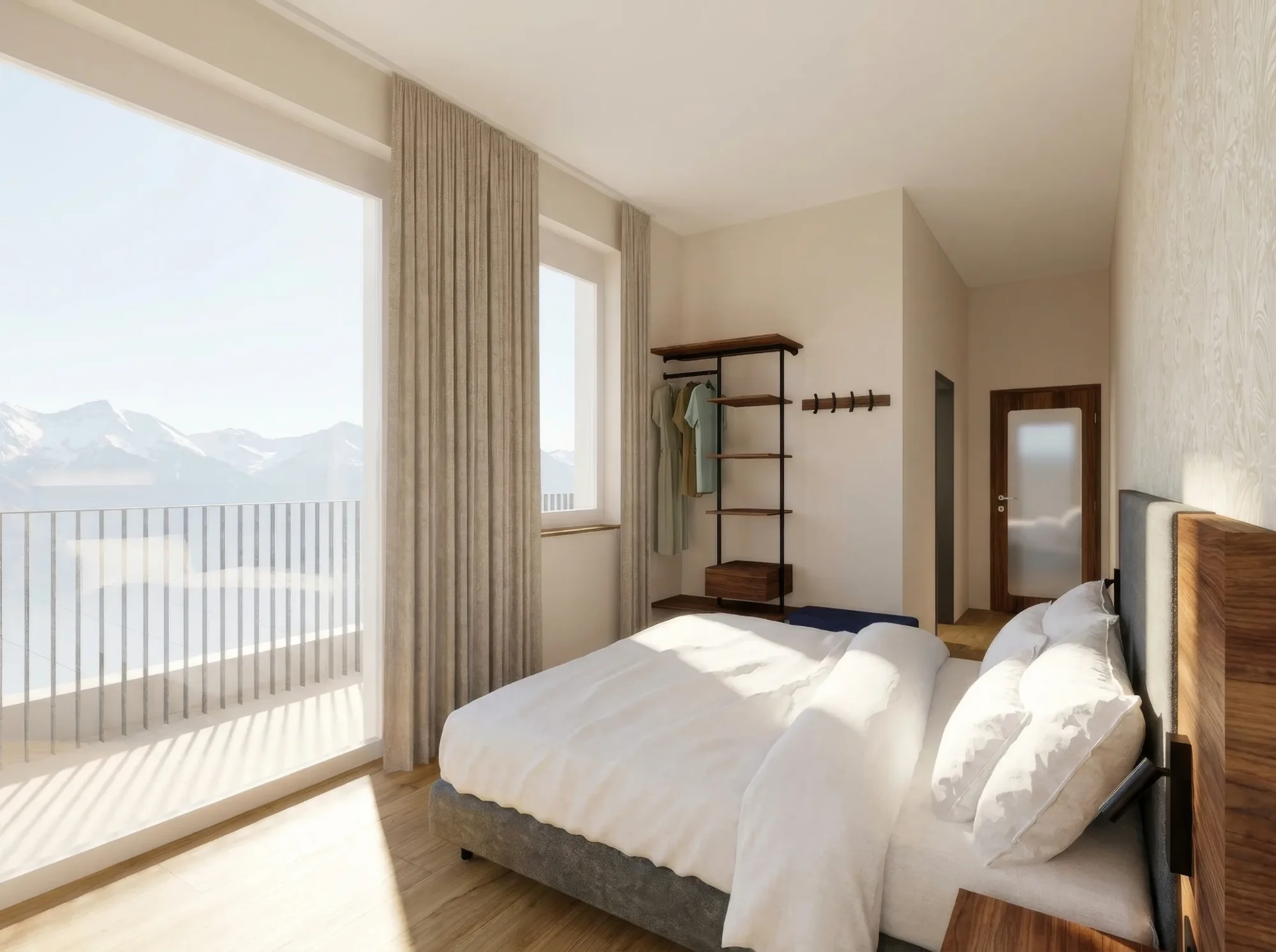 Modernes Schlafzimmer mit Doppelbett, großem Fenster, Balkon und Blick auf schneebedeckte Berge.