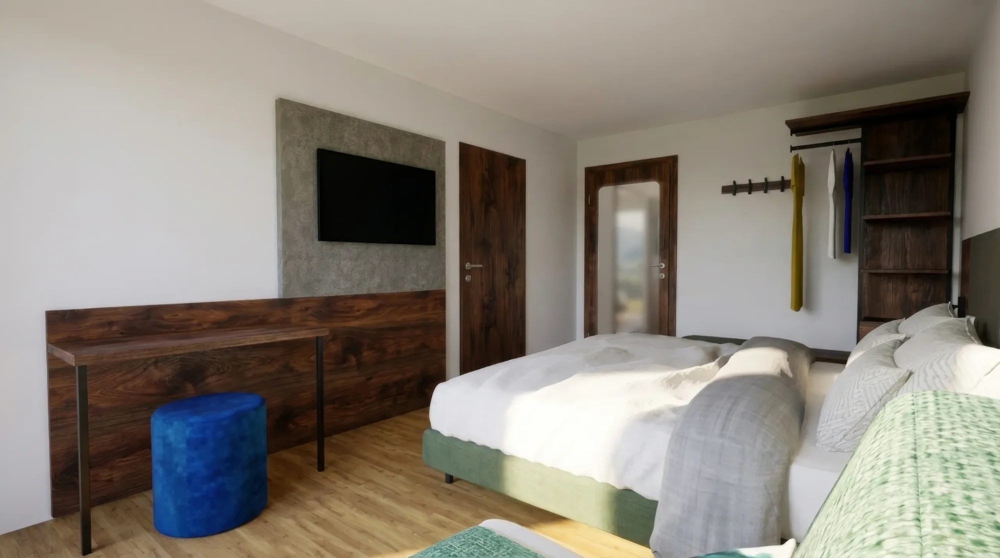 Modernes Schlafzimmer mit Holzfußboden, weißem Bett, TV, Holztisch, blauem Hocker und offenem Kleiderschrank.