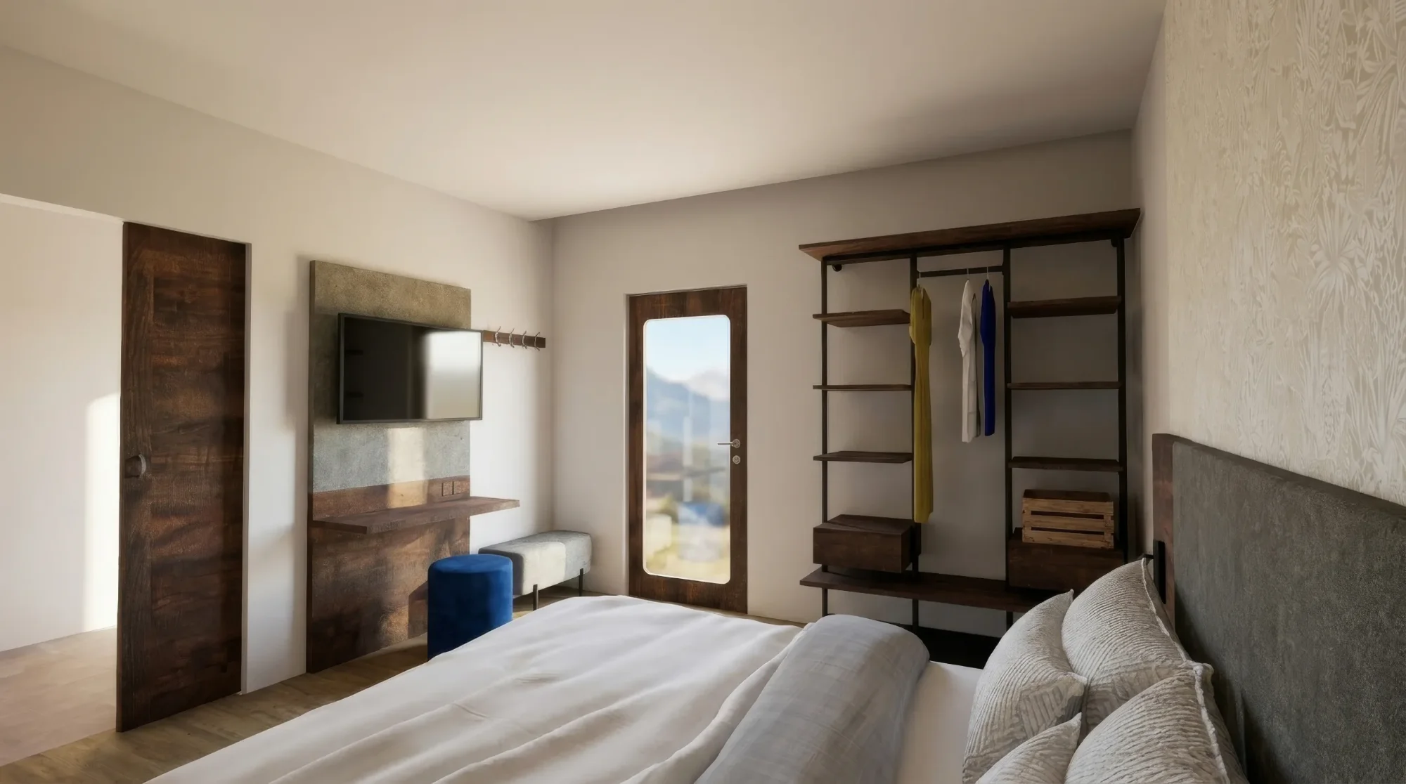 Modernes Schlafzimmer mit Holz- und Betonakzenten, Bett, TV, offenem Kleiderschrank und Balkontür mit Bergblick.