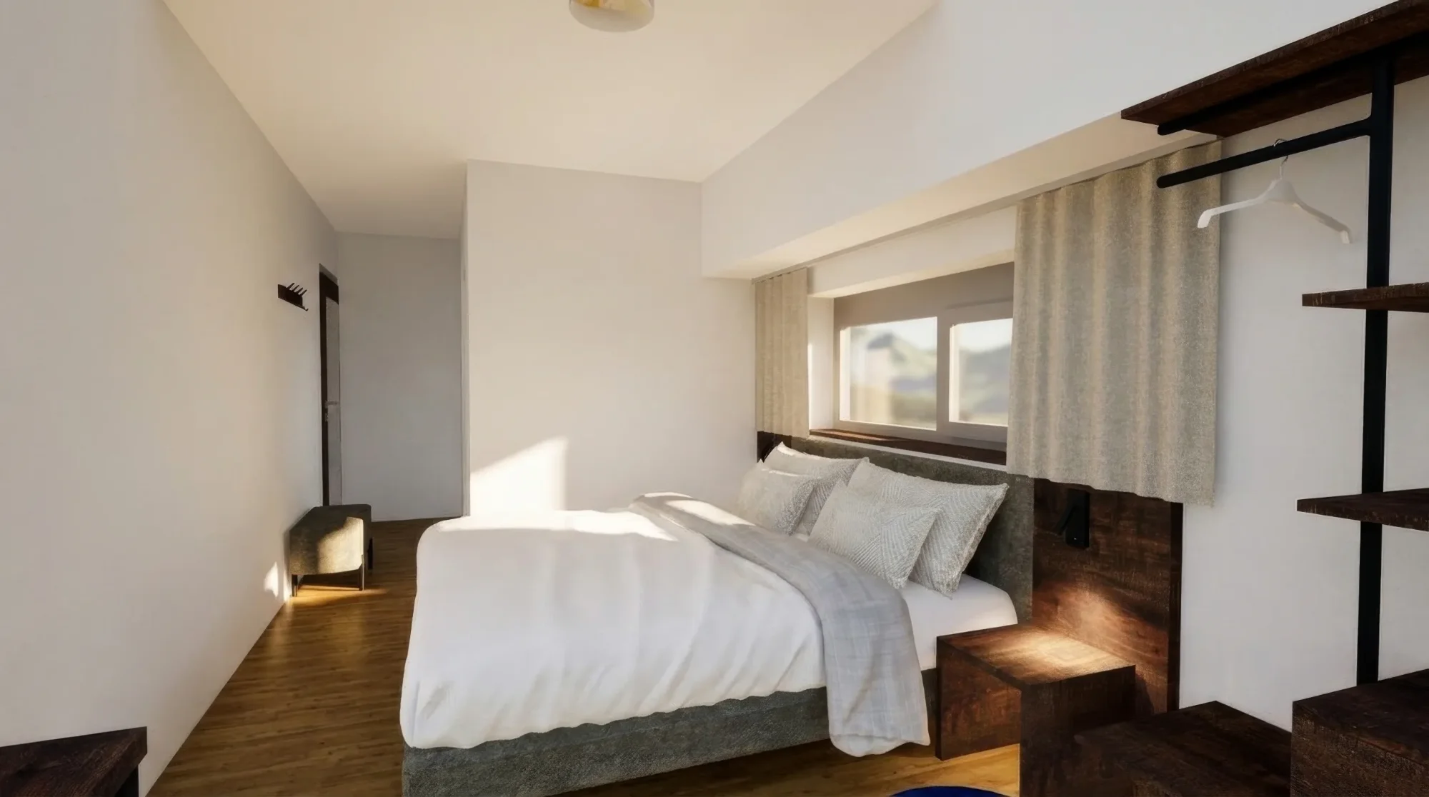 Helles, modernes Schlafzimmer mit großem Bett, Holzmöbeln und Fenster mit Vorhängen.