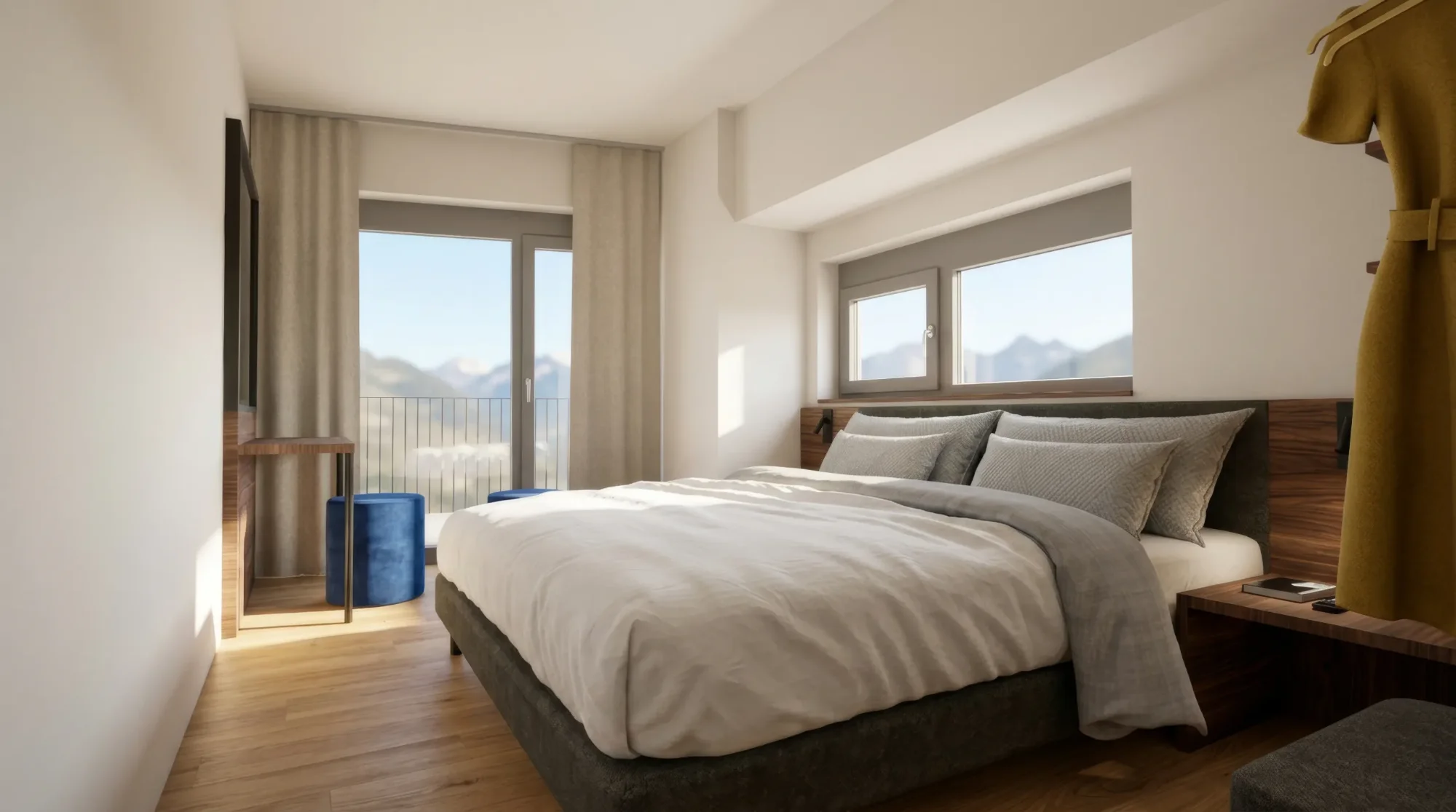 Modernes Schlafzimmer mit Doppelbett, Holzboden, großem Balkonfenster und Bergblick.
