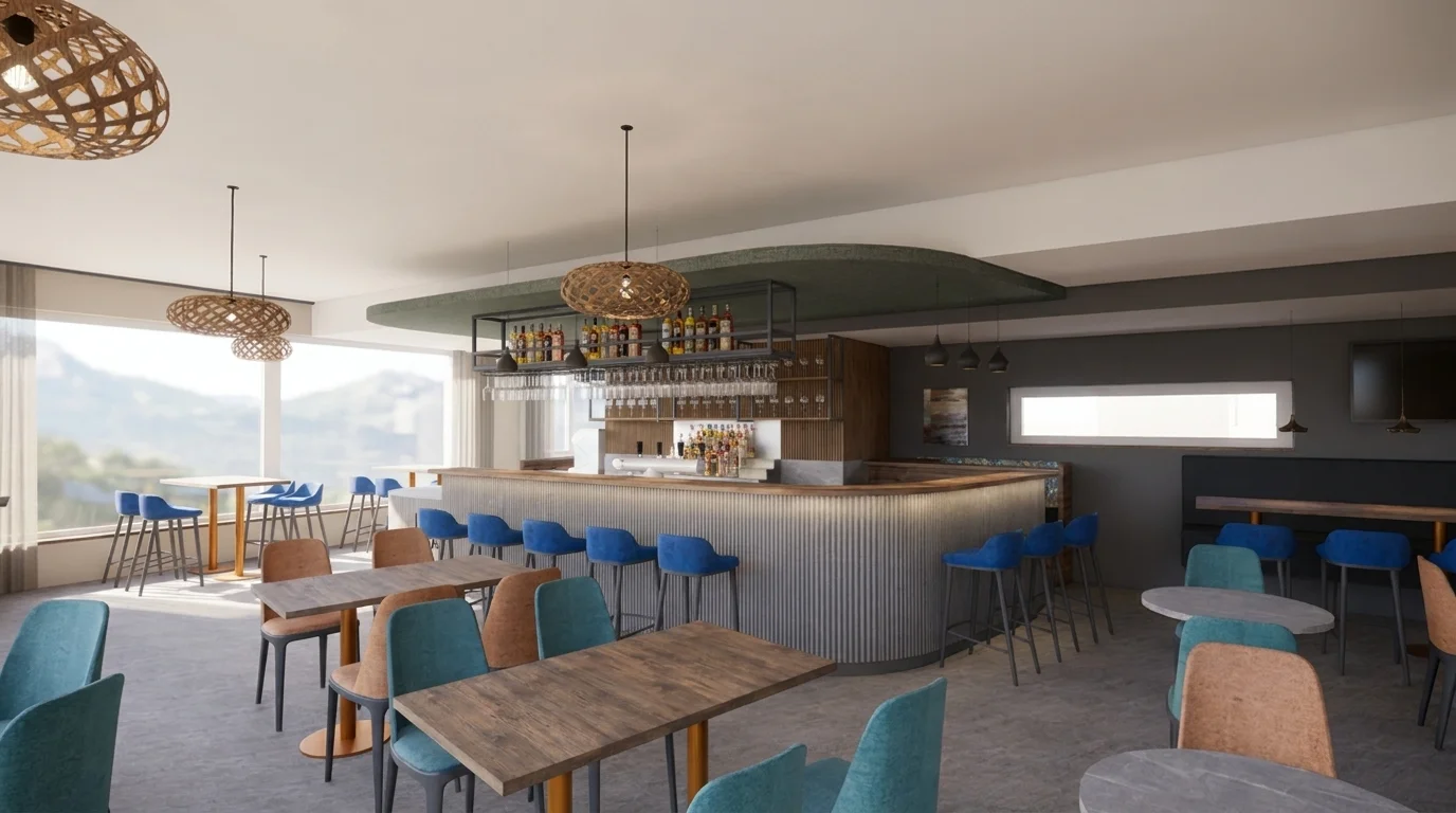 Modernes Bar-Restaurant mit großen Fenstern, Bergblick, geschwungener Bar, bunten Stühlen und Hängelampen.