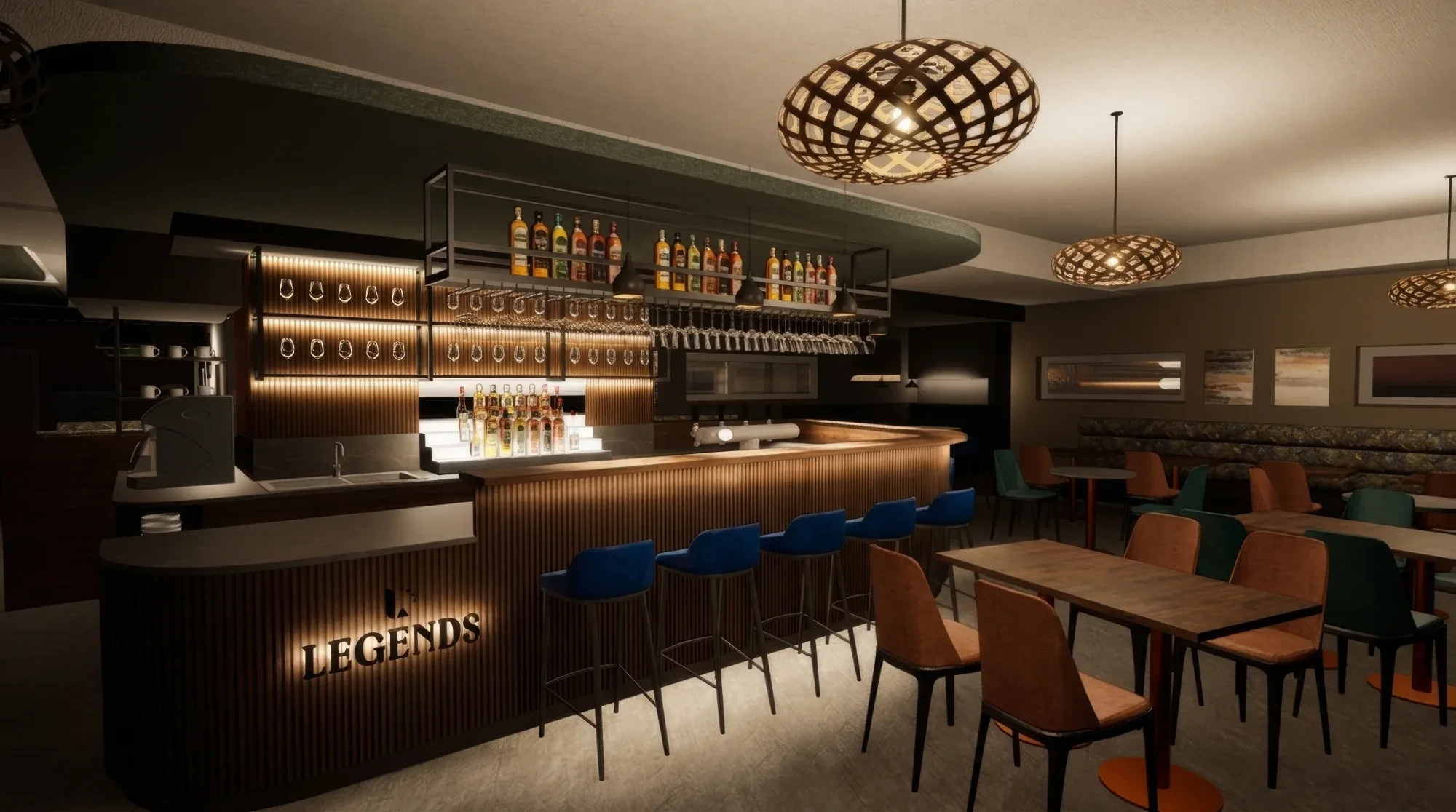Modernes Bar-Interieur mit beleuchtetem Holztresen, blauen Hockern und Sitzbereichen, markantem "Legends"-Schriftzug.