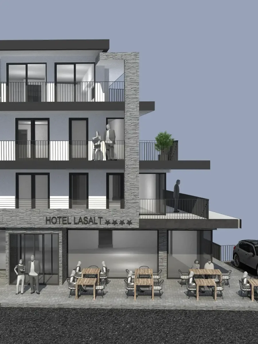 Renderansicht des Äußeren vom Hotel Lasalt in Ischgl mit Balkonen und Café-Tischen.