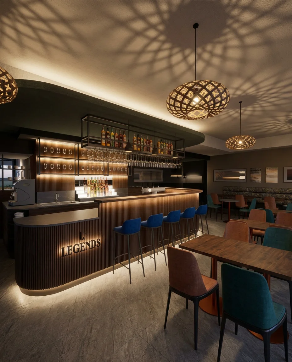 Eine moderne Bar mit Holzverkleidung, leuchtendem 'LEGENDS'-Schriftzug und Hockern steht im Vordergrund, dahinter Tische und Stühle in einem Restaurantbereich.