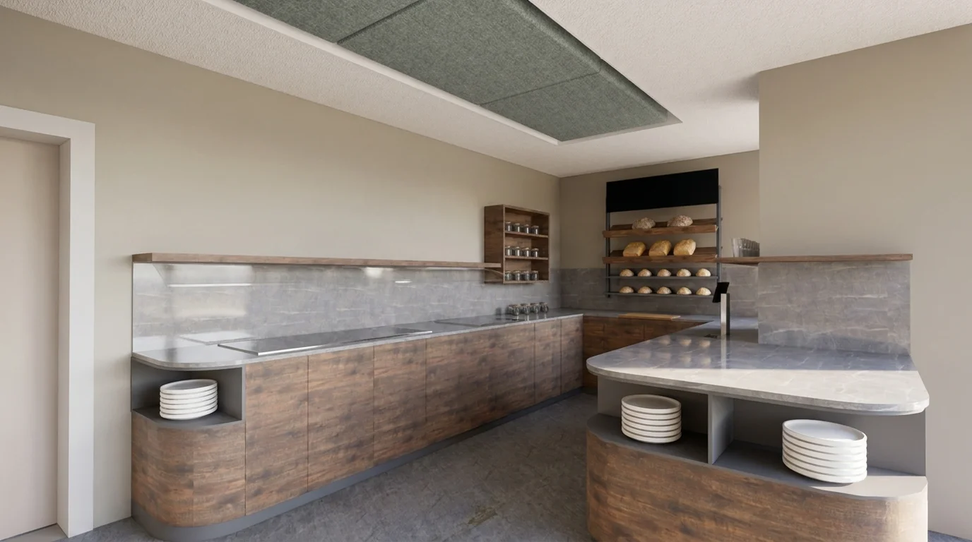 Moderne Küche/Bäckerei mit dunklen Holzschränken, grauen Steinplatten, Brotauslagen und akustischer Deckenplatte.