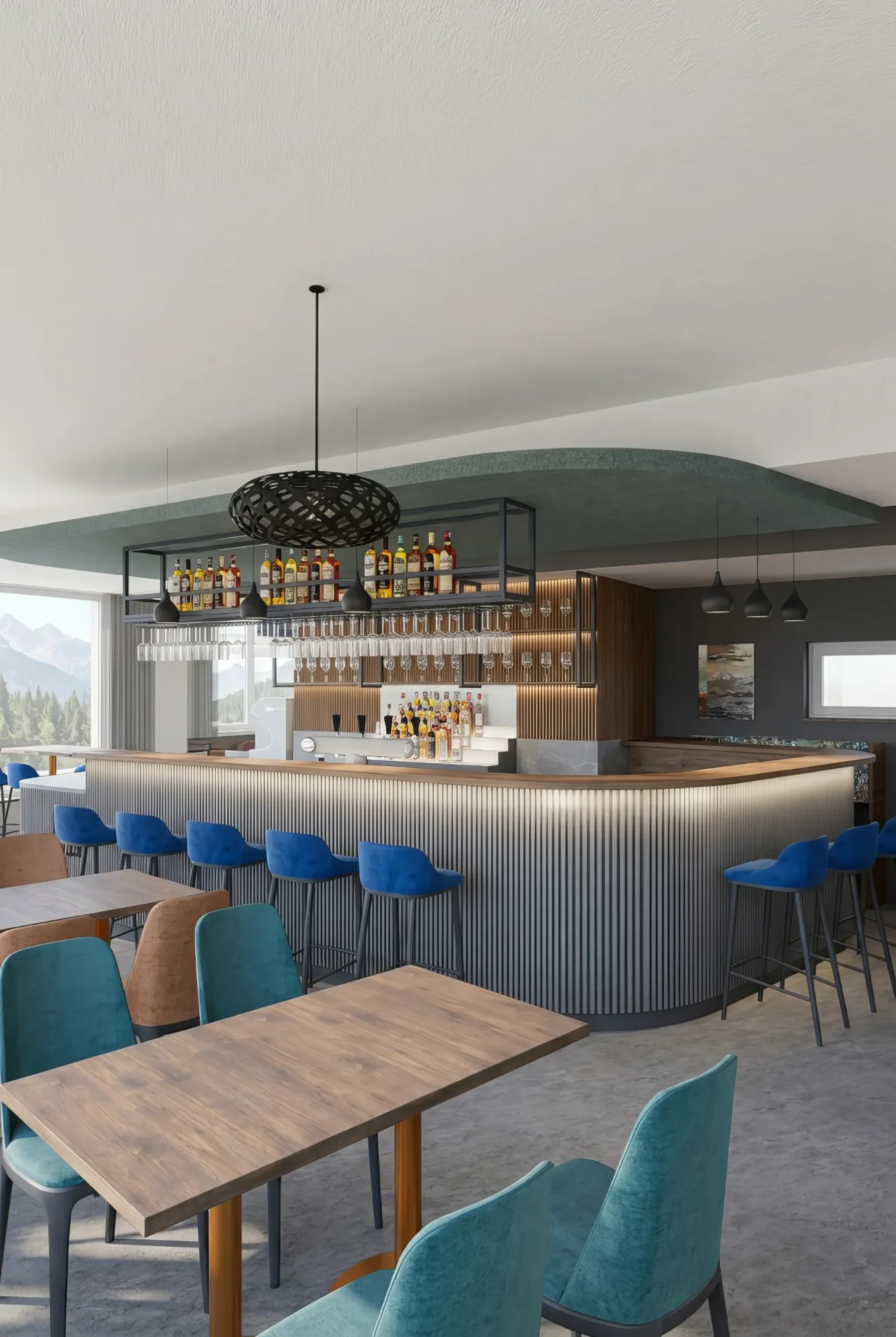 Moderne Bar mit beleuchtetem Tresen, blauen Hockern und Sitzgelegenheiten, Gebirgsblick.