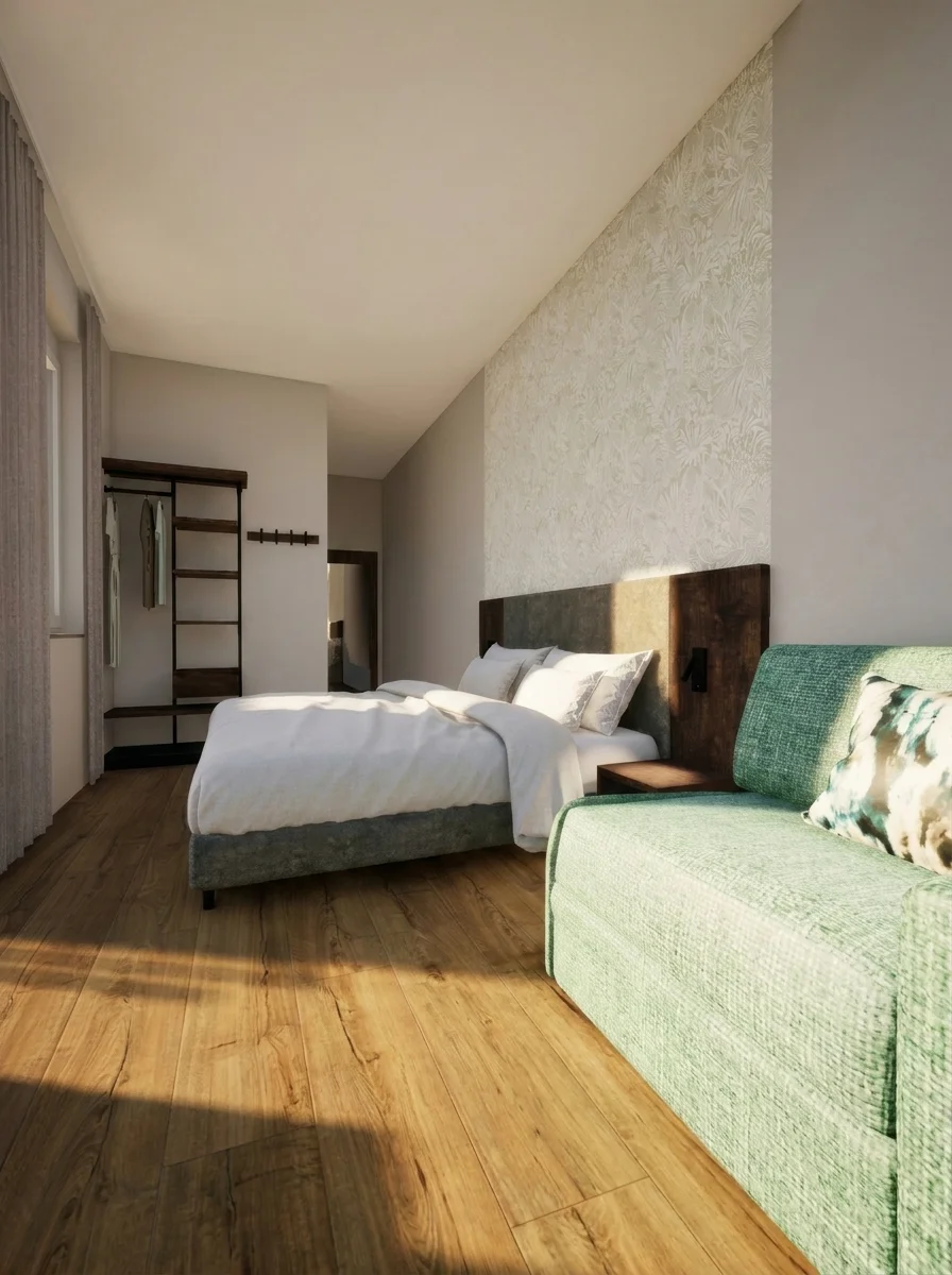 Ein modernes Doppelzimmer mit Holzboden, großem Bett und einem grünen Schlafsofa.
