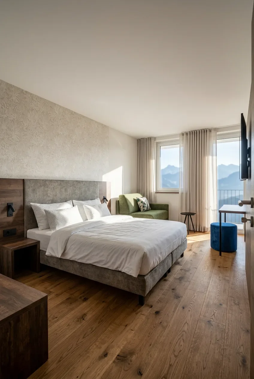 Helles, modernes Hotelzimmer mit großem Bett, Holzfußboden und bodentiefen Fenstern mit Bergblick.