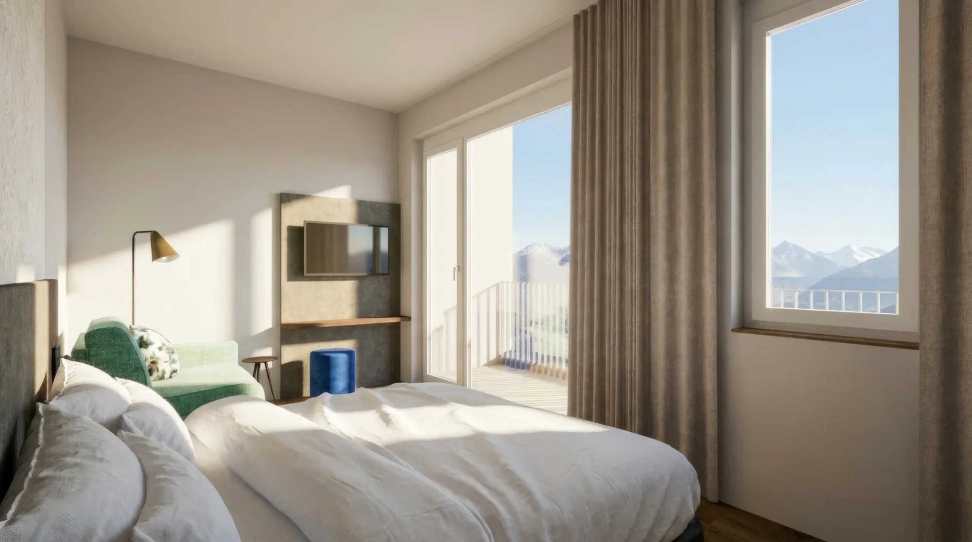 A modern hotel room with a double bed, a seating area and a balcony overlooking snow-capped mountains.