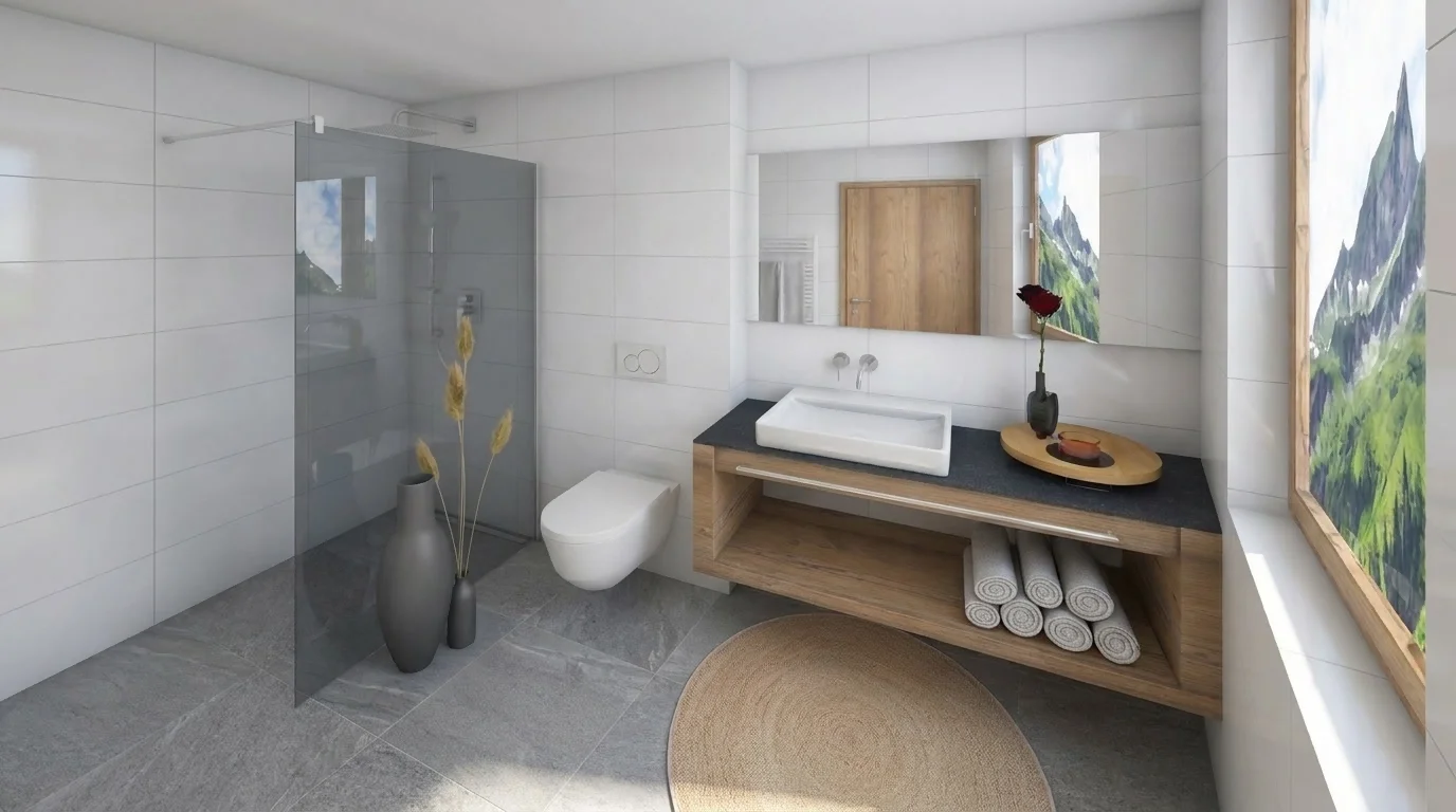 Eine Visualisierung eines hellen, modernen Badezimmers mit Dusche, WC, Holzwaschtisch und einem Fenster mit Bergblick.